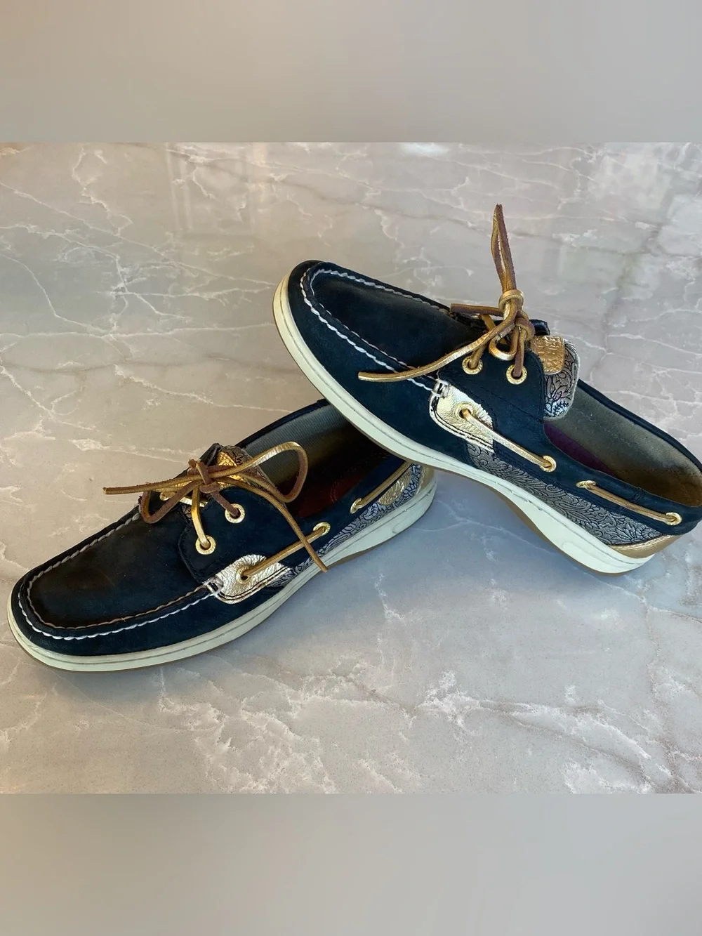 Sperry Women’s Angelfish Top-Sider Black & Gold Paisley Leather Boat Shoes size8